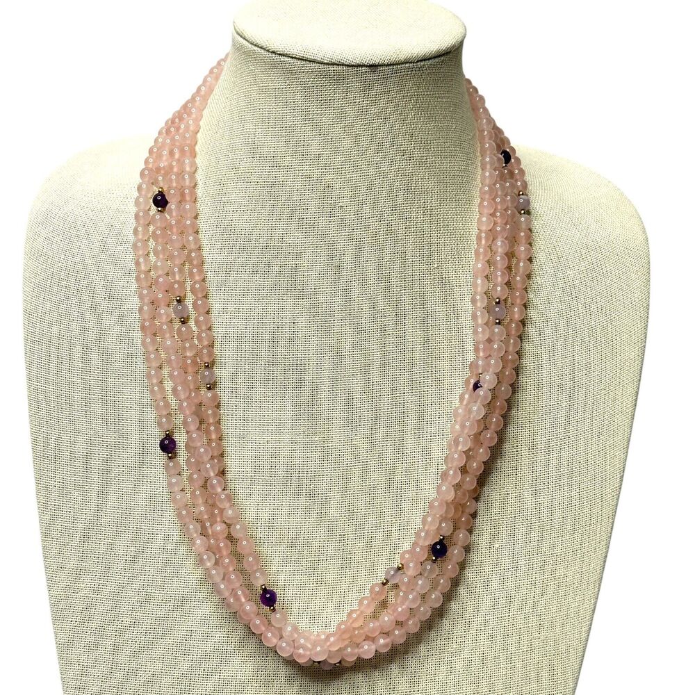 Rose Quartz Necklace with Amethyst & Gold Tone Spacer Accents 4 Strands & 24 In